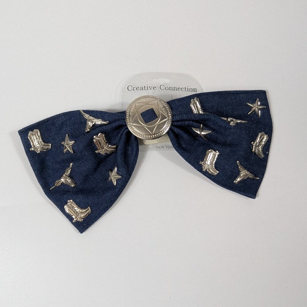 Creative Connection Statement Denim Hair Bow Barrette Rodeo Western Theme